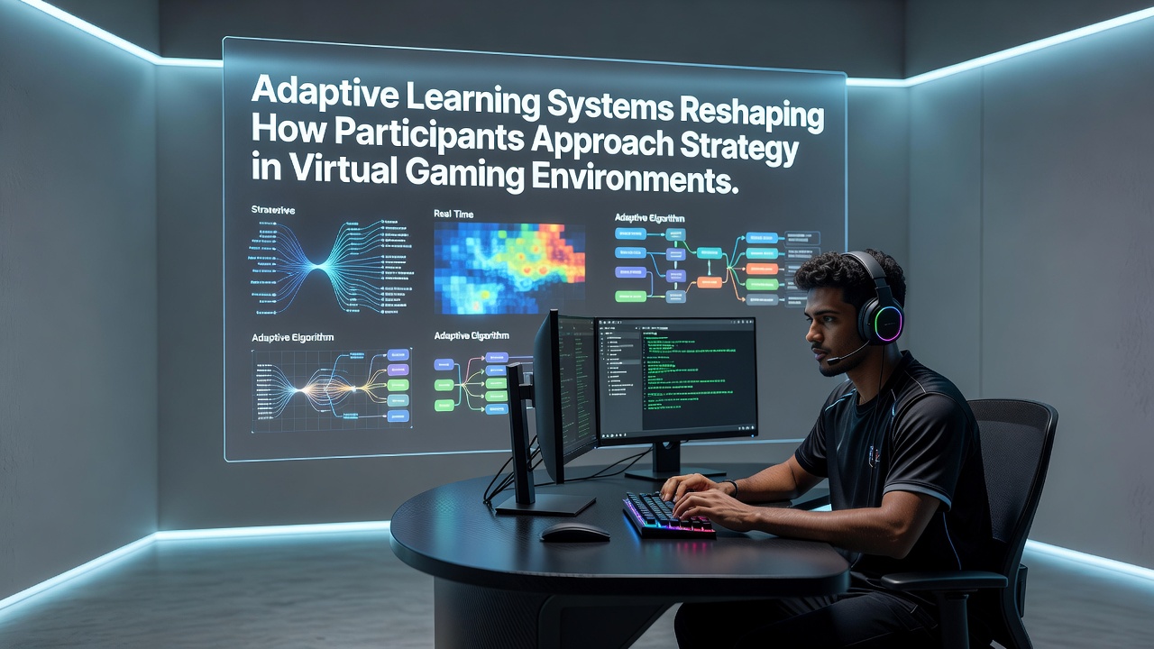 Adaptive learning systems interface displaying real-time strategy adjustments in a virtual gaming environment