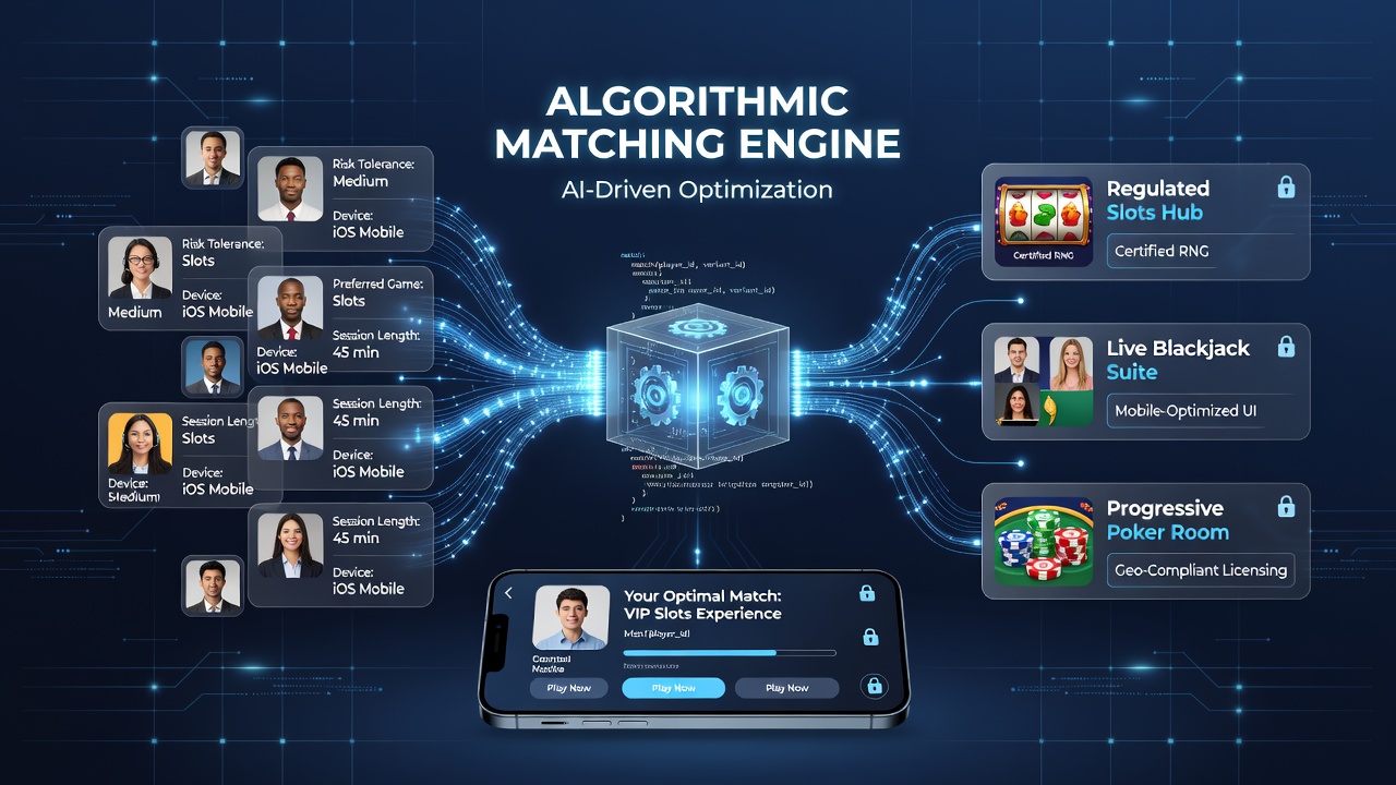 Mobile interface displaying algorithm-matched casino game recommendations based on user profile data