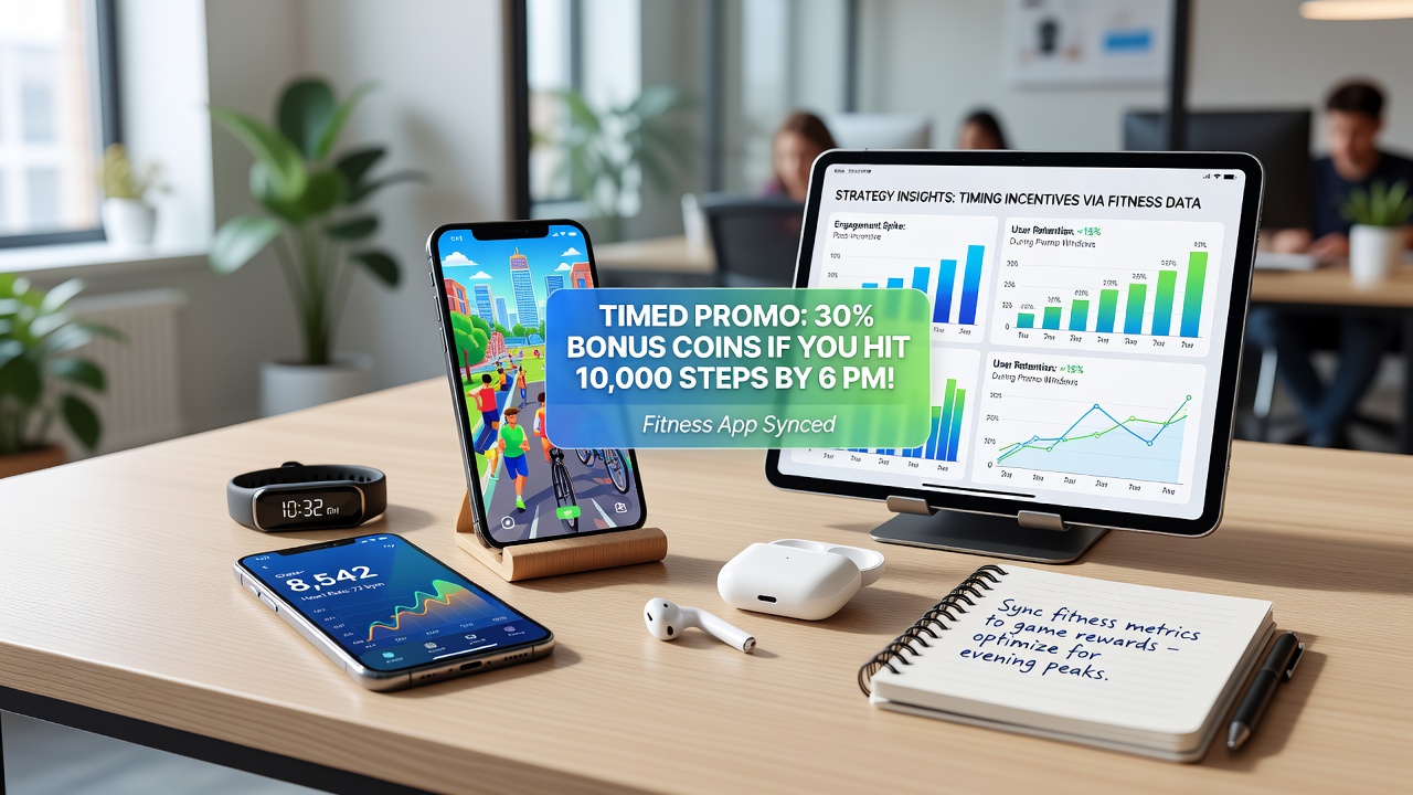 Fitness tracking apps connected to mobile gaming interfaces showing activity data overlays