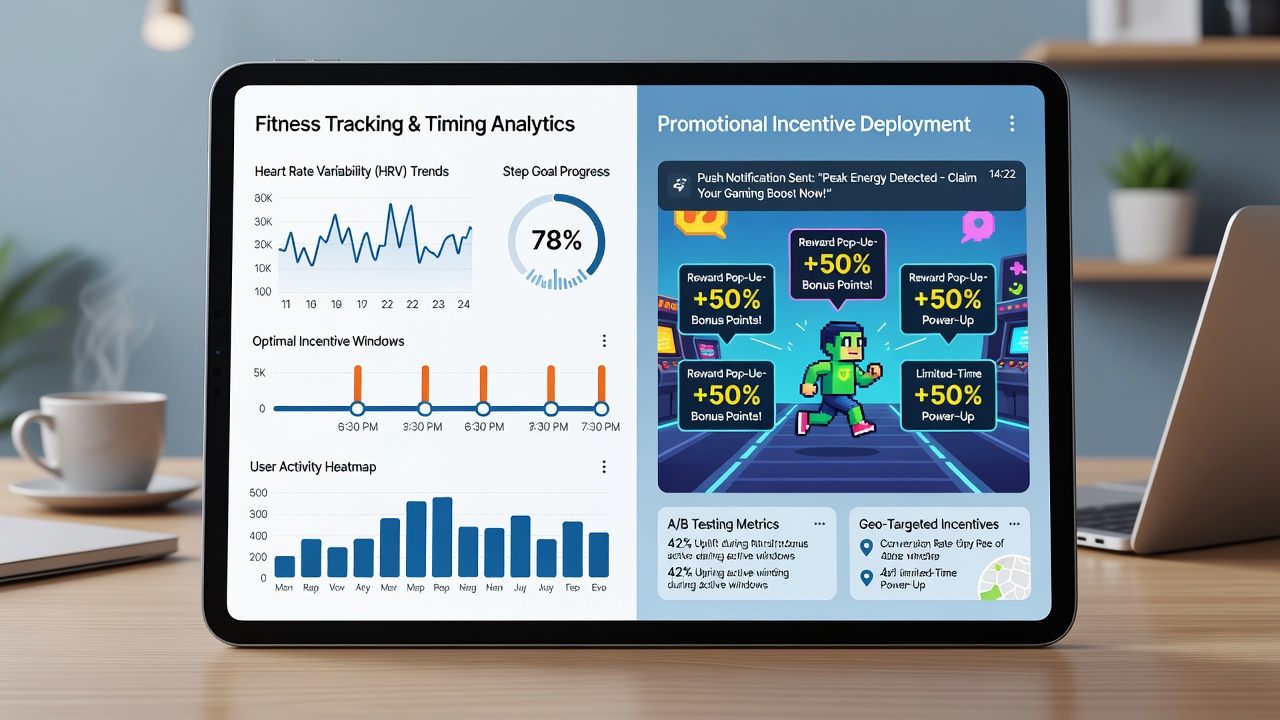Mobile screen displaying fitness metrics alongside gaming promotion timing dashboard