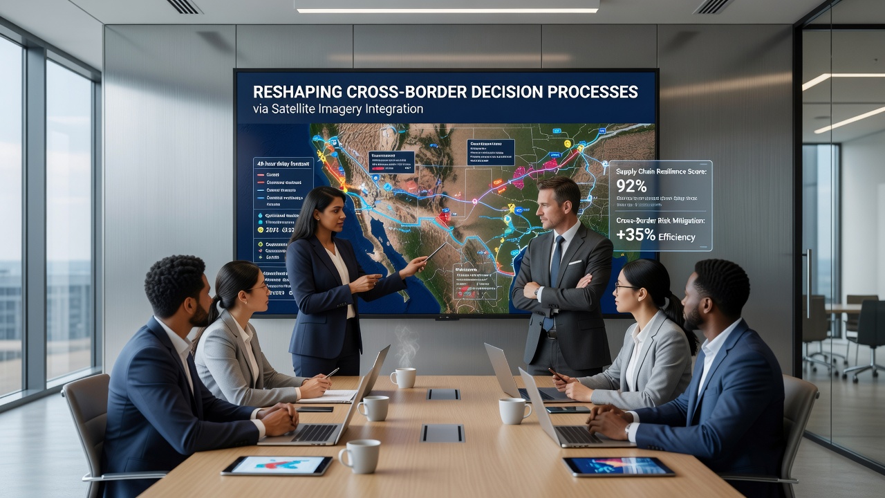 Analysts reviewing layered satellite maps showing event venue conditions and regional weather systems on multiple screens